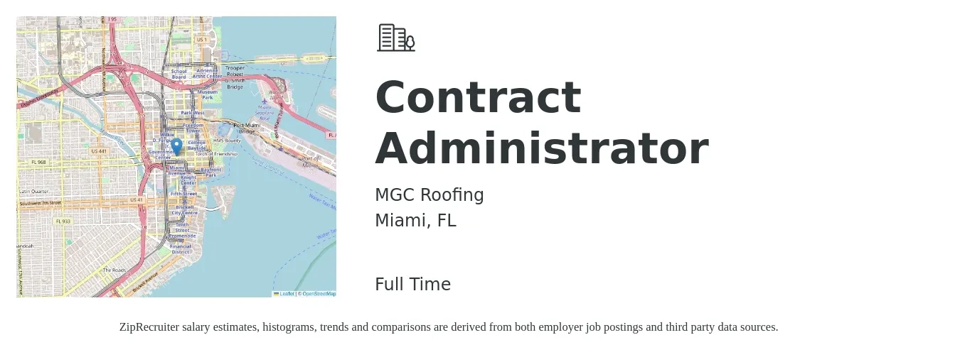MGC Roofing job posting for a Contract Administrator in Miami, FL with a salary of $54,500 to $84,200 Yearly with a map of Miami location.