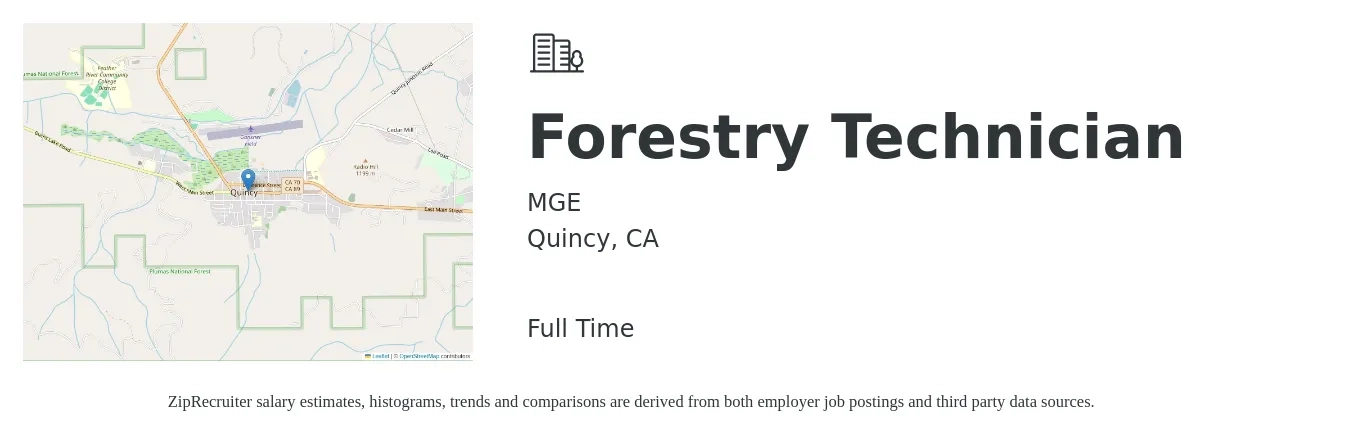 MGE job posting for a Forestry Technician in Quincy, CA with a salary of $20 to $25 Hourly with a map of Quincy location.