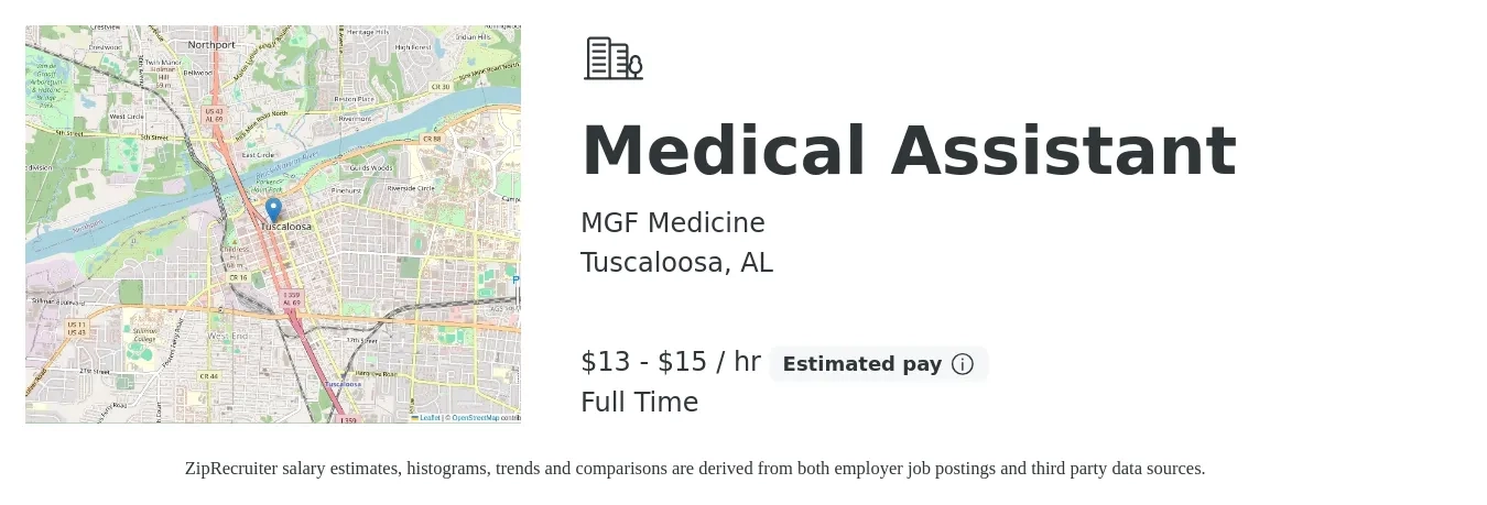 MGF Medicine job posting for a Medical Assistant in Tuscaloosa, AL with a salary of $14 to $16 Hourly with a map of Tuscaloosa location.