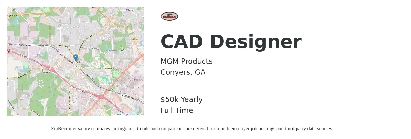 MGM Products job posting for a CAD Designer in Conyers, GA with a salary of $50,000 Yearly with a map of Conyers location.