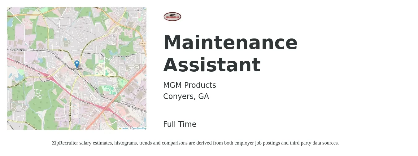 MGM Products job posting for a Maintenance Assistant in Conyers, GA with a salary of $12 to $16 Hourly with a map of Conyers location.