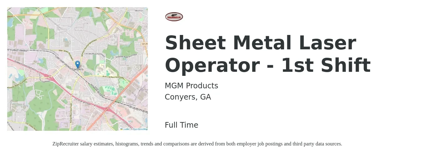 MGM Products job posting for a Sheet Metal Laser Operator - 1st Shift in Conyers, GA with a salary of $14 to $18 Hourly with a map of Conyers location.