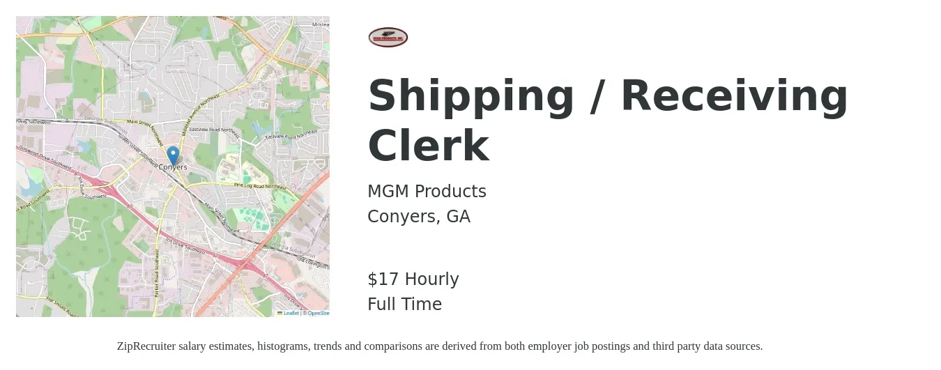 MGM Products job posting for a Shipping / Receiving Clerk in Conyers, GA with a salary of $18 Hourly with a map of Conyers location.