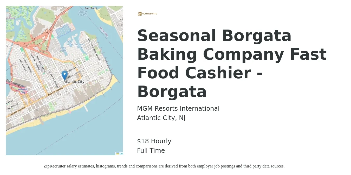 MGM Resorts International job posting for a Seasonal Borgata Baking Company Fast Food Cashier - Borgata in Atlantic City, NJ with a salary of $20 Hourly with a map of Atlantic City location.