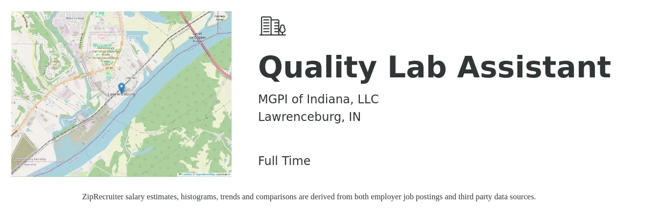 MGPI of Indiana, LLC job posting for a Quality Lab Assistant in Lawrenceburg, IN with a salary of $16 to $22 Hourly with a map of Lawrenceburg location.