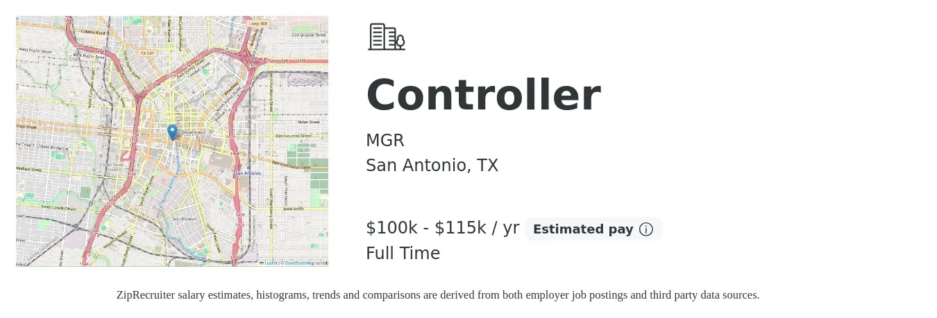 MGR job posting for a Controller in San Antonio, TX with a salary of $100,000 to $115,000 Yearly with a map of San Antonio location.