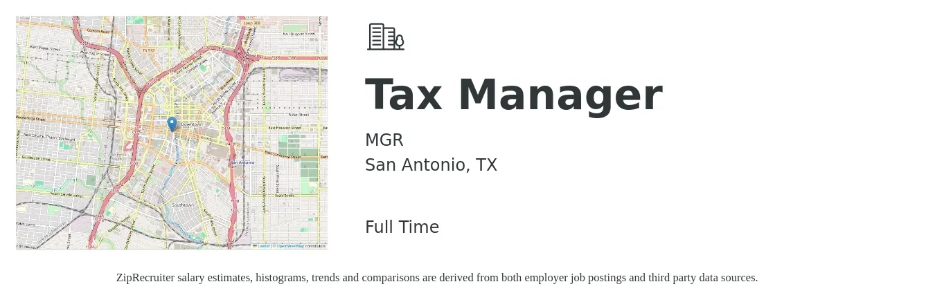 MGR job posting for a Tax Manager in San Antonio, TX with a salary of $100,100 to $131,200 Yearly with a map of San Antonio location.