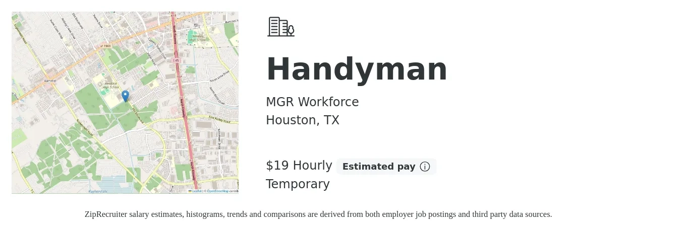 MGR Workforce job posting for a Handyman in Houston, TX with a salary of $20 Hourly with a map of Houston location.