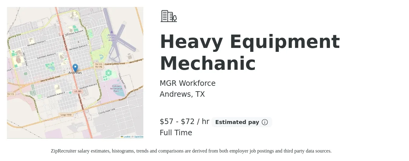 MGR Workforce job posting for a Heavy Equipment Mechanic in Andrews, TX with a salary of $60 to $75 Hourly with a map of Andrews location.