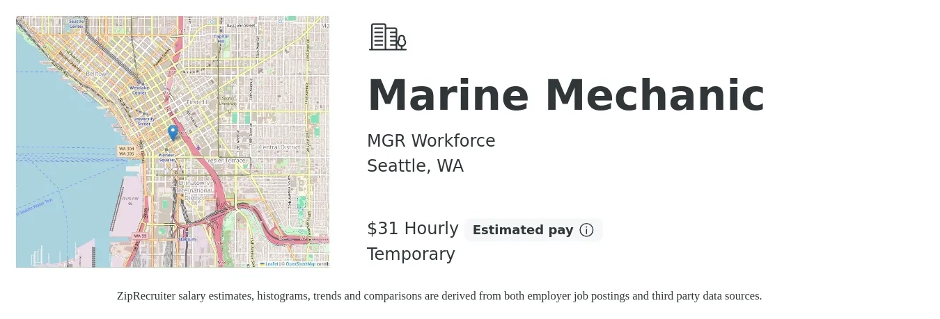 MGR Workforce job posting for a Marine Mechanic in Seattle, WA with a salary of $33 Hourly with a map of Seattle location.