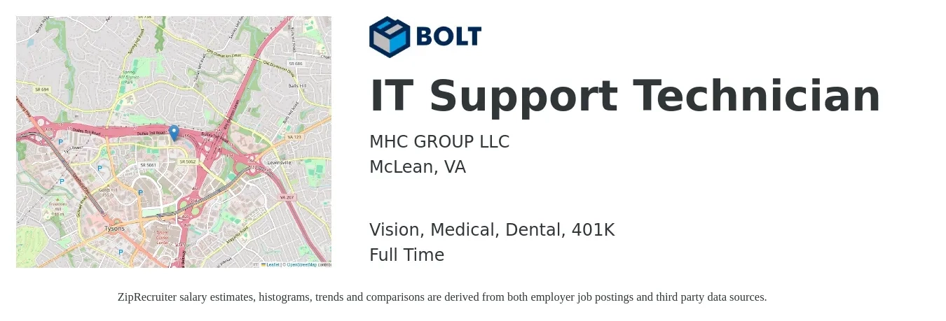 MHC GROUP LLC job posting for a IT Support Technician in McLean, VA with a salary of $22 to $30 Hourly and benefits including 401k, dental, life_insurance, medical, and vision with a map of McLean location.