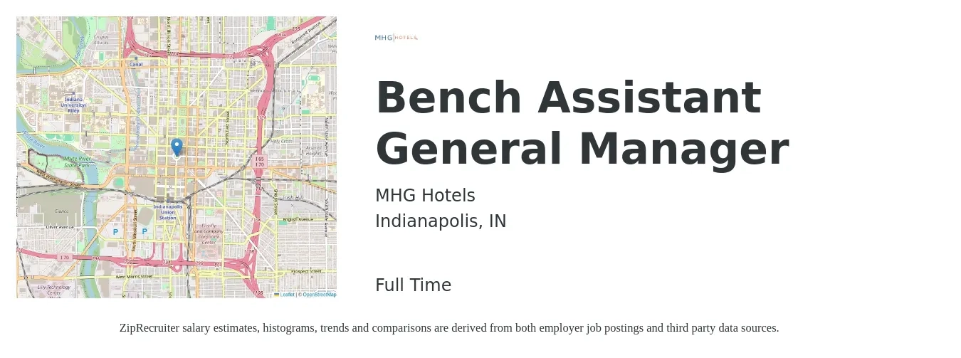 MHG Hotels job posting for a Bench Assistant General Manager in Indianapolis, IN with a salary of $16 to $24 Hourly with a map of Indianapolis location.