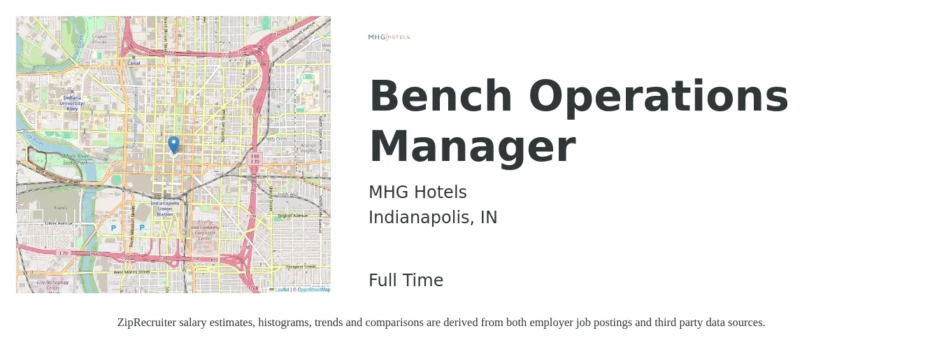 MHG Hotels job posting for a Bench Operations Manager in Indianapolis, IN with a salary of $39,200 to $74,100 Yearly with a map of Indianapolis location.