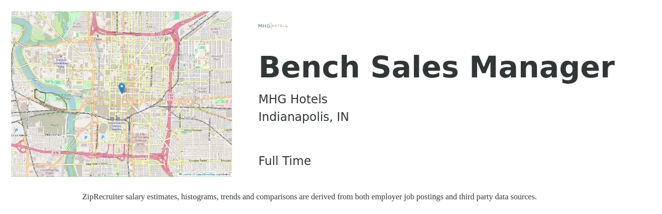 MHG Hotels job posting for a Bench Sales Manager in Indianapolis, IN with a salary of $43,000 to $92,200 Yearly with a map of Indianapolis location.