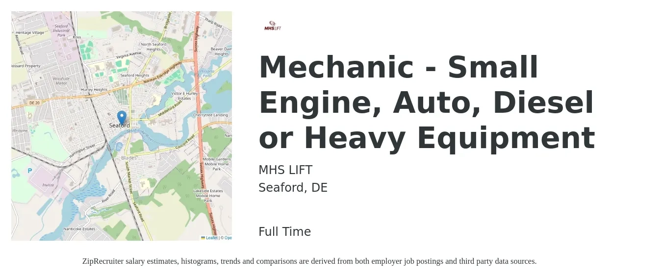 MHS LIFT job posting for a Mechanic - Small Engine, Auto, Diesel or Heavy Equipment in Seaford, DE with a salary of $22 to $31 Hourly with a map of Seaford location.
