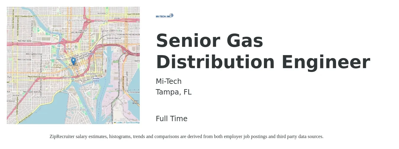 Mi-Tech job posting for a Senior Gas Distribution Engineer in Tampa, FL with a salary of $98,800 to $135,600 Yearly with a map of Tampa location.