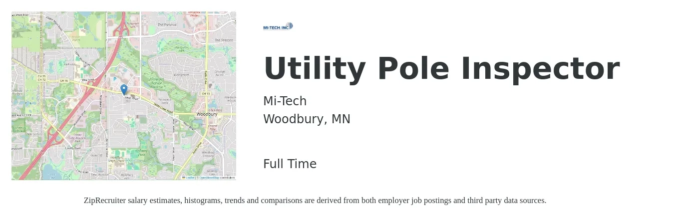 Mi-Tech job posting for a Utility Pole Inspector in Woodbury, MN with a salary of $21 to $28 Hourly with a map of Woodbury location.