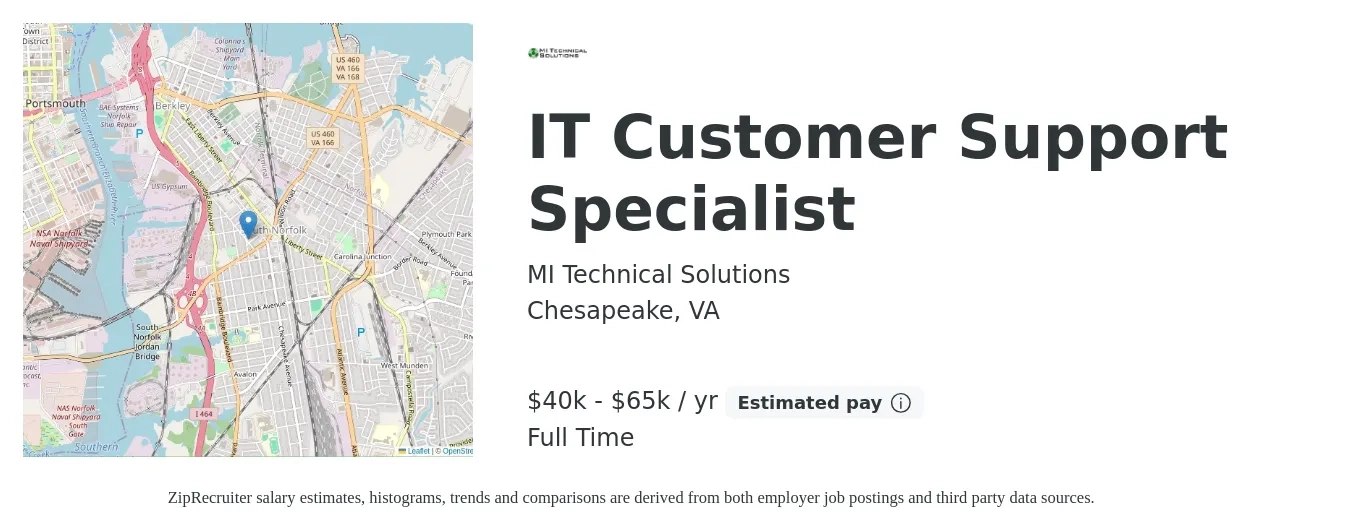 MI Technical Solutions job posting for a IT Customer Support Specialist in Chesapeake, VA with a salary of $40,000 to $65,000 Yearly with a map of Chesapeake location.