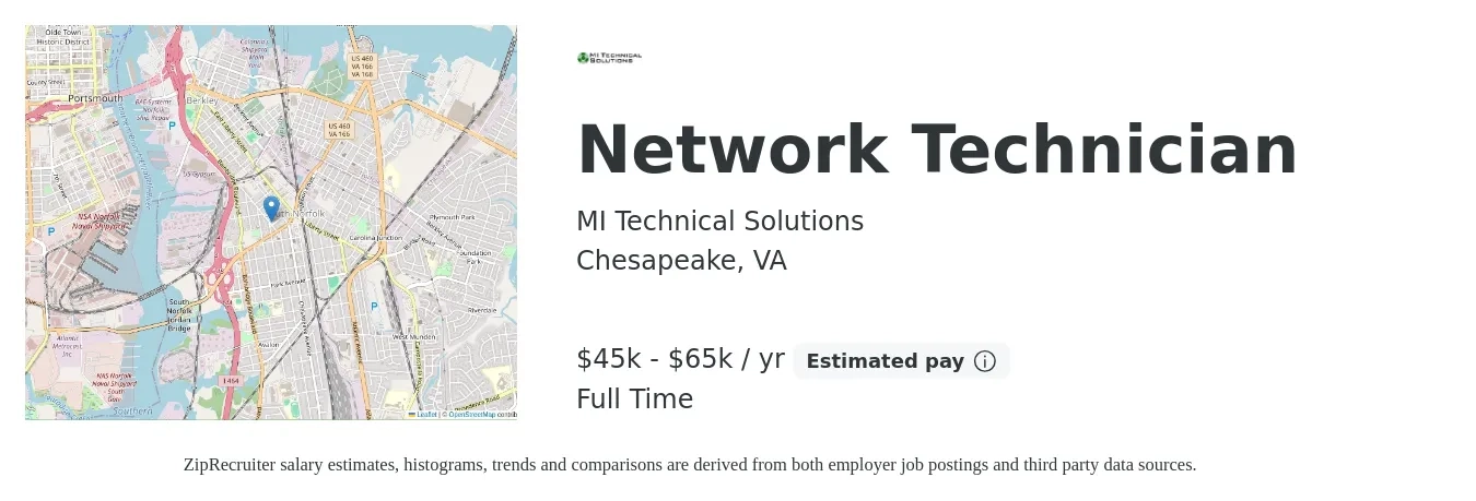MI Technical Solutions job posting for a Network Technician in Chesapeake, VA with a salary of $45,000 to $65,000 Yearly with a map of Chesapeake location.