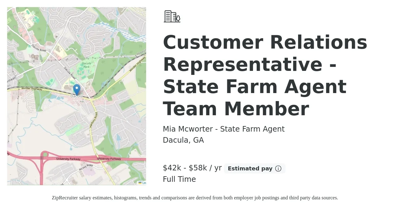 Mia Mcworter - State Farm Agent job posting for a Customer Relations Representative - State Farm Agent Team Member in Dacula, GA with a salary of $42,000 to $58,000 Yearly with a map of Dacula location.