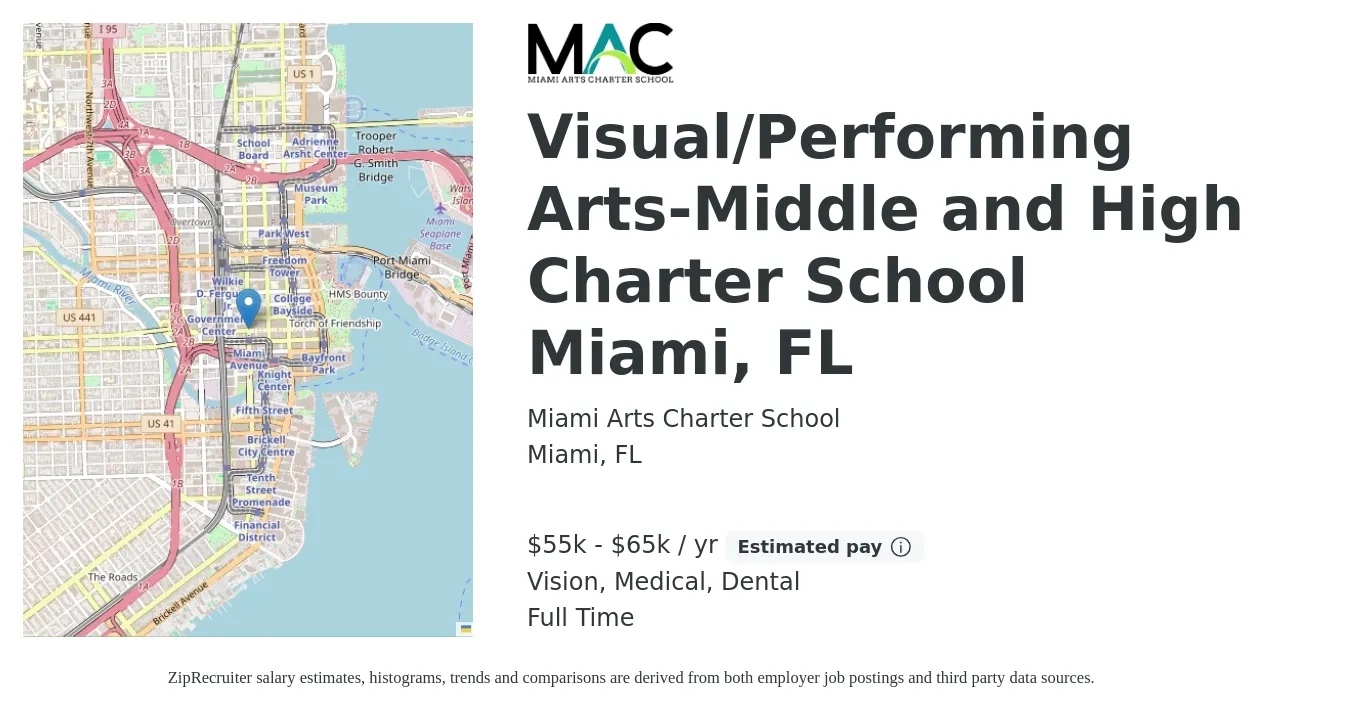 Miami Arts Charter School job posting for a Visual/Performing Arts-Middle and High Charter School Miami, FL in Miami, FL with a salary of $55,000 to $65,000 Yearly and benefits including vision, dental, and medical with a map of Miami location.