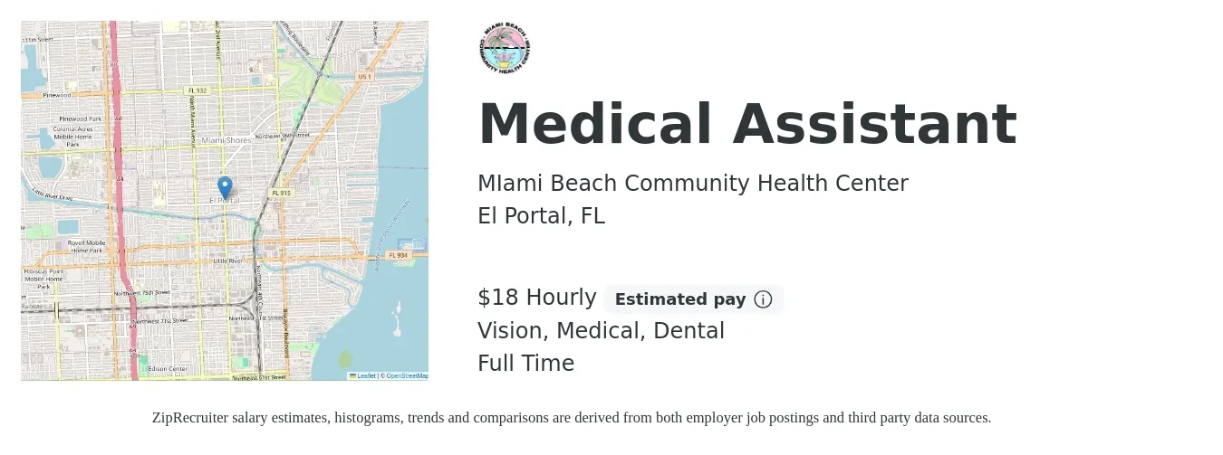 MIami Beach Community Health Center job posting for a Medical Assistant in El Portal, FL with a salary of $20 Hourly and benefits including dental, life_insurance, medical, retirement, and vision with a map of El Portal location.