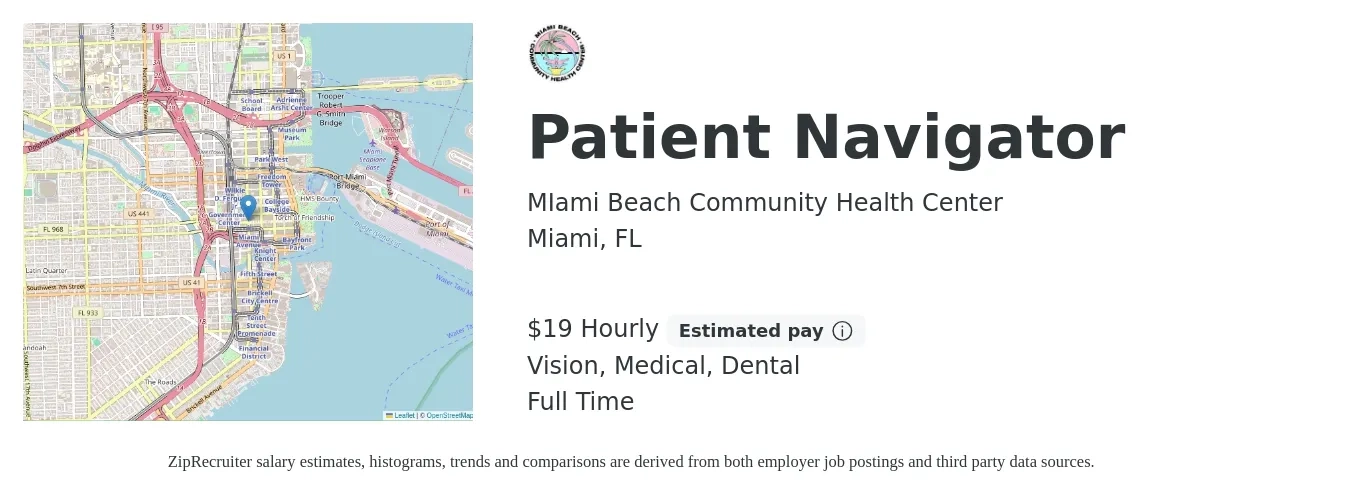 MIami Beach Community Health Center job posting for a Patient Navigator in Miami, FL with a salary of $20 Hourly and benefits including life_insurance, medical, retirement, vision, and dental with a map of Miami location.
