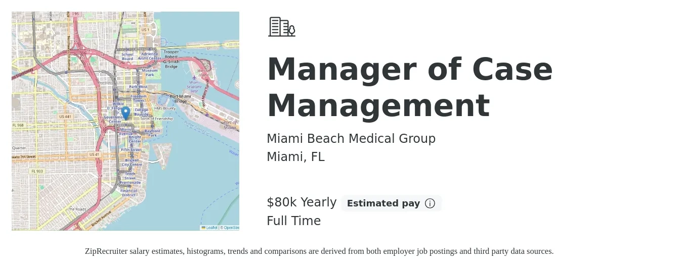 Miami Beach Medical Group job posting for a Manager of Case Management in Miami, FL with a salary of $80,000 Yearly with a map of Miami location.