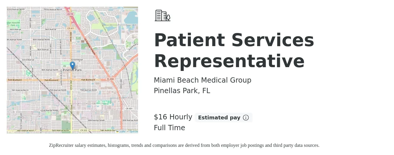 Miami Beach Medical Group job posting for a Patient Services Representative in Pinellas Park, FL with a salary of $18 Hourly with a map of Pinellas Park location.