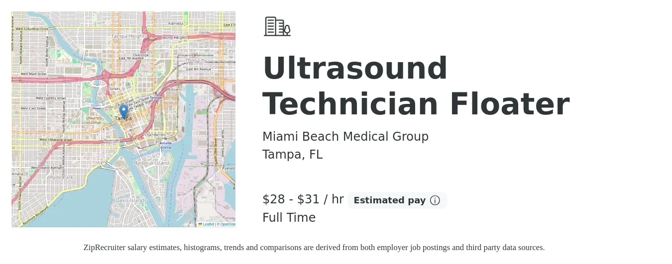 Miami Beach Medical Group job posting for a Ultrasound Technician Floater in Tampa, FL with a salary of $30 to $33 Hourly with a map of Tampa location.