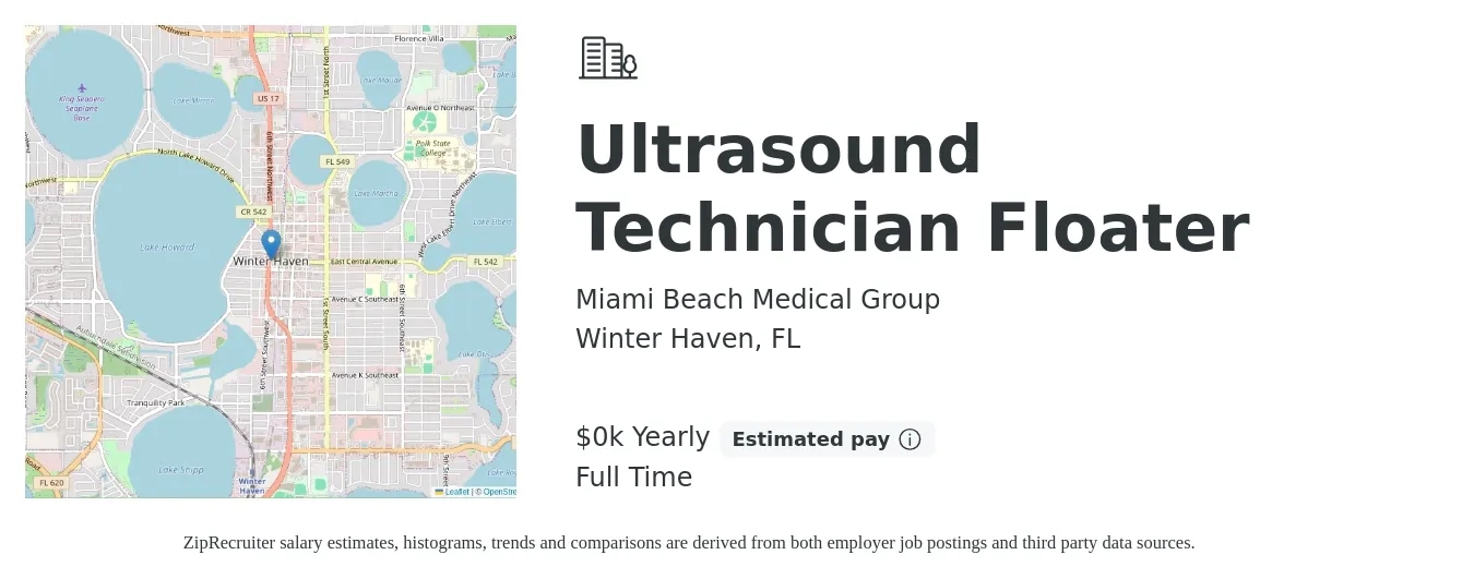 Miami Beach Medical Group job posting for a Ultrasound Technician Floater in Winter Haven, FL with a salary of $33 Yearly with a map of Winter Haven location.