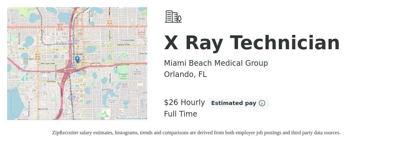 Miami Beach Medical Group job posting for a X Ray Technician in Orlando, FL with a salary of $28 Hourly with a map of Orlando location.
