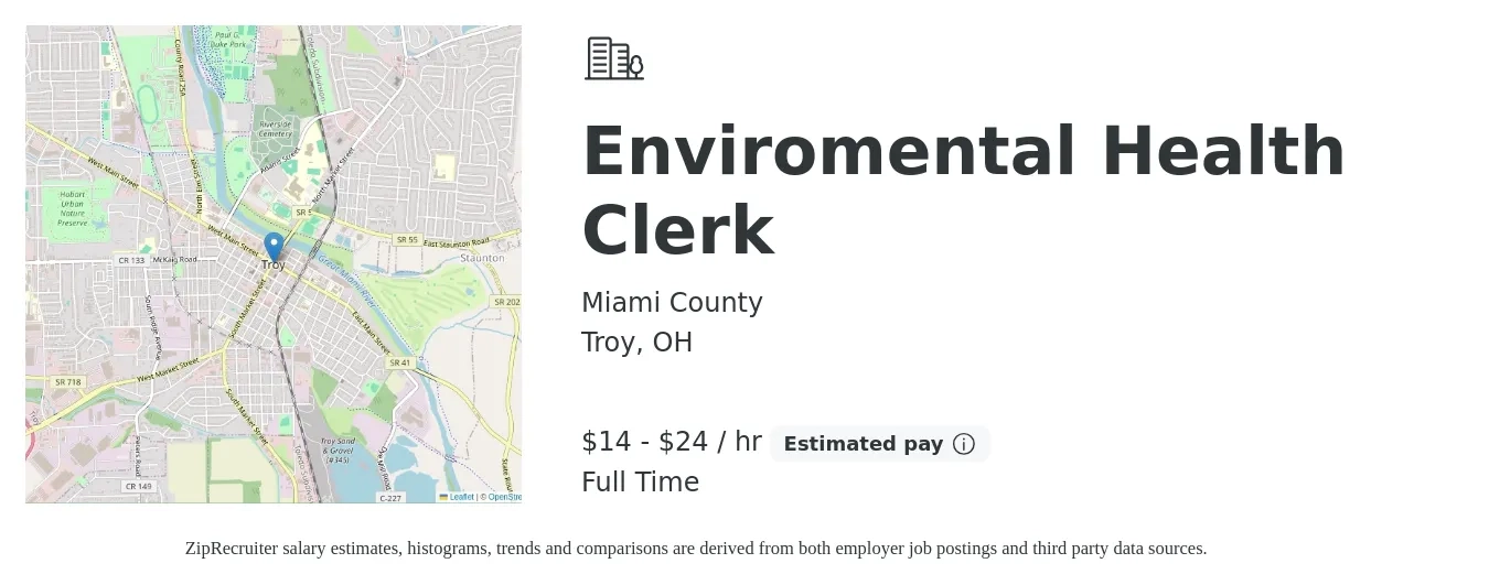 Miami County job posting for a Enviromental Health Clerk in Troy, OH with a salary of $15 to $26 Hourly with a map of Troy location.