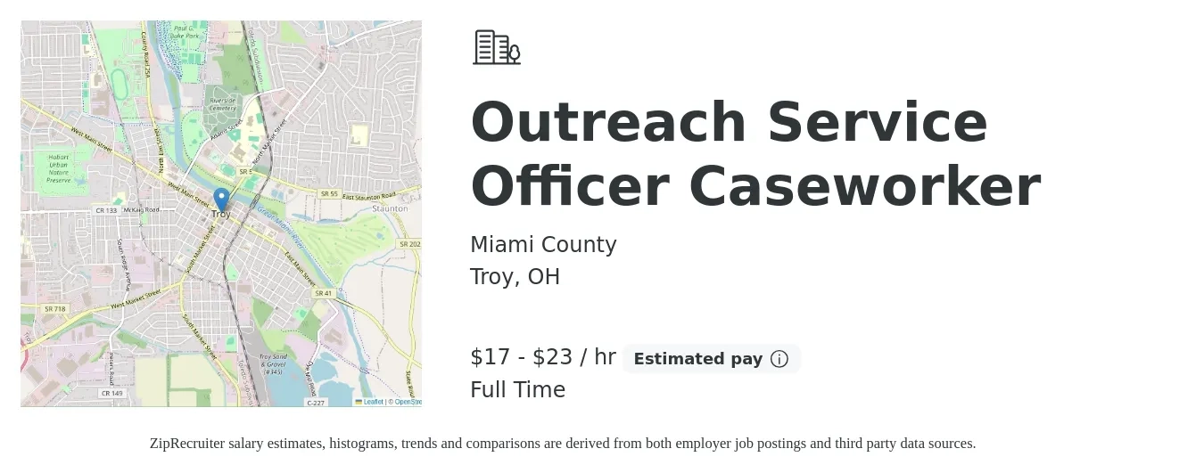 Miami County job posting for a Outreach Service Officer Caseworker in Troy, OH with a salary of $18 to $24 Hourly with a map of Troy location.