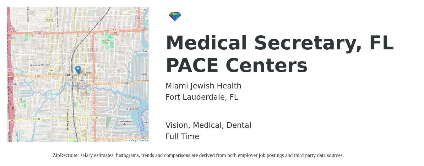 Miami Jewish Health job posting for a Medical Secretary, FL PACE Centers in Fort Lauderdale, FL with a salary of $18 to $22 Hourly and benefits including dental, life_insurance, medical, retirement, and vision with a map of Fort Lauderdale location.