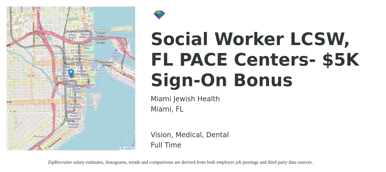 Miami Jewish Health job posting for a Social Worker LCSW, FL PACE Centers- $5K Sign-On Bonus in Miami, FL with a salary of $56,400 to $87,500 Yearly and benefits including dental, life_insurance, medical, retirement, and vision with a map of Miami location.