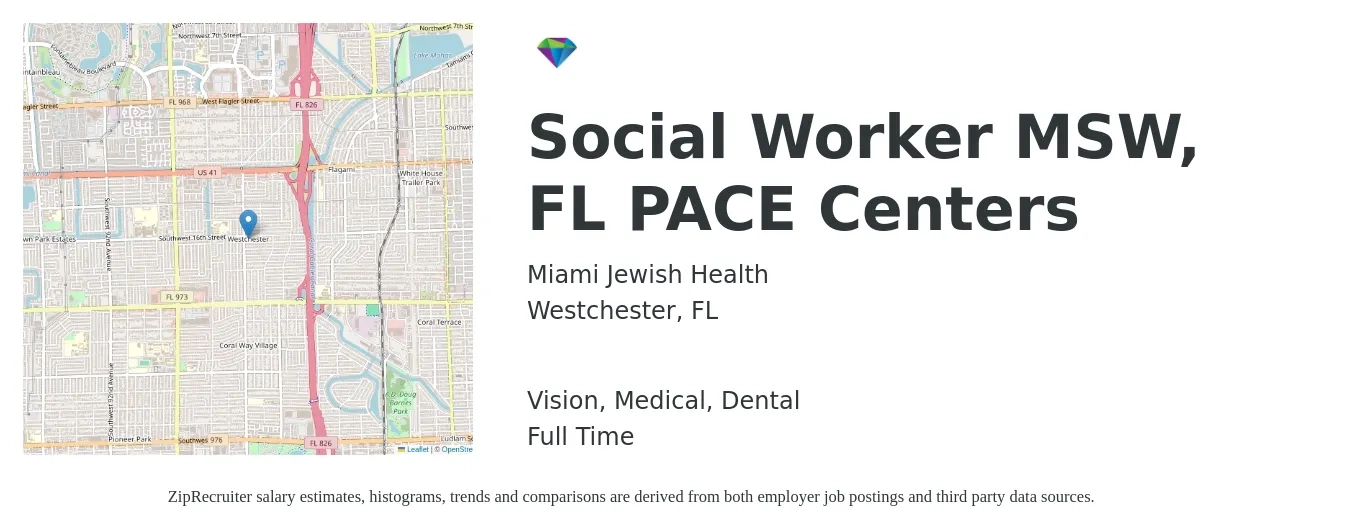 Miami Jewish Health job posting for a Social Worker MSW, FL PACE Centers in Westchester, FL with a salary of $51,600 to $80,000 Yearly and benefits including retirement, vision, dental, life_insurance, and medical with a map of Westchester location.