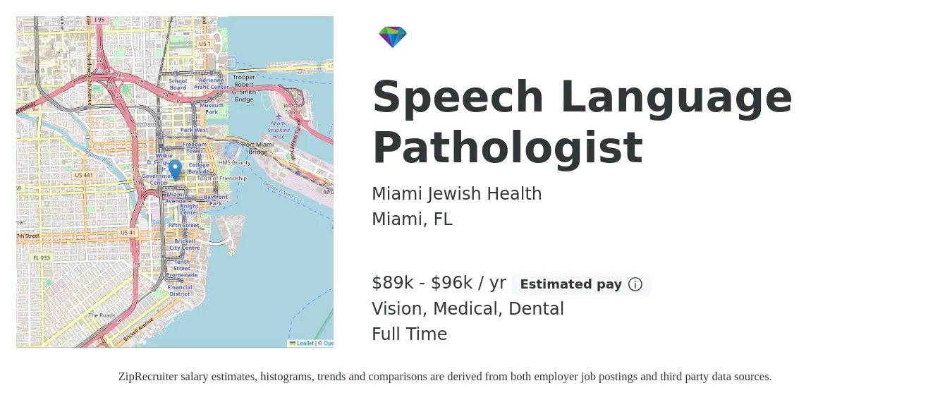 Miami Jewish Health job posting for a Speech Language Pathologist in Miami, FL with a salary of $89,000 to $96,000 Yearly and benefits including vision, dental, life_insurance, medical, pto, and retirement with a map of Miami location.