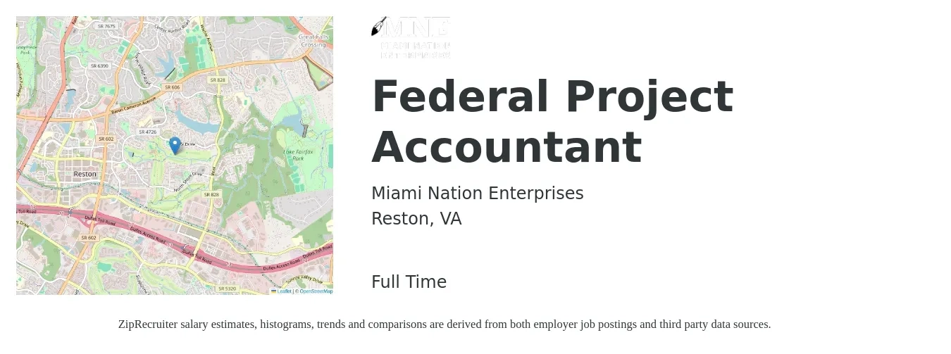 Miami Nation Enterprises job posting for a Federal Project Accountant in Reston, VA with a salary of $64,500 to $84,500 Yearly with a map of Reston location.