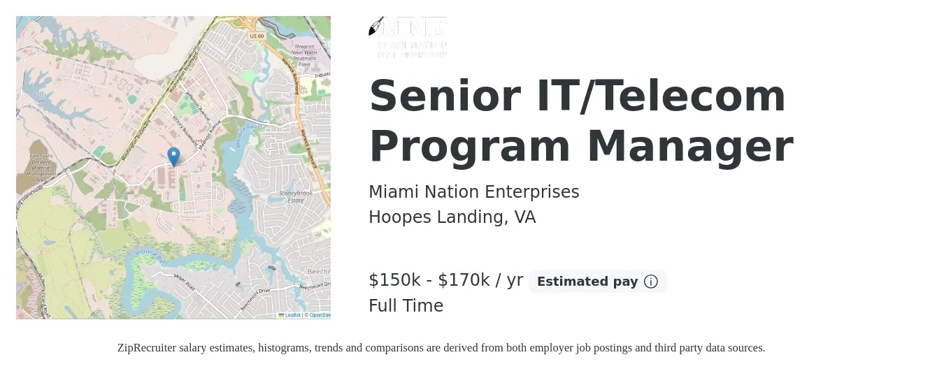 Miami Nation Enterprises job posting for a Senior IT/Telecom Program Manager in Hoopes Landing, VA with a salary of $109,800 to $110,300 Yearly with a map of Hoopes Landing location.