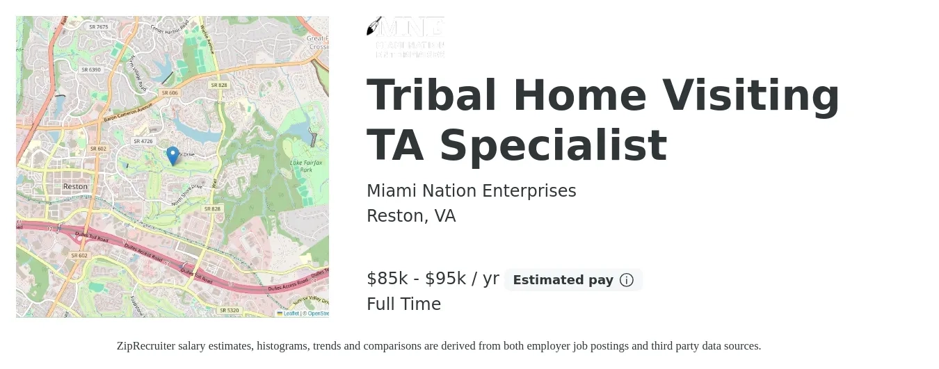 Miami Nation Enterprises job posting for a Tribal Home Visiting TA Specialist in Reston, VA with a salary of $85,000 to $95,000 Yearly with a map of Reston location.