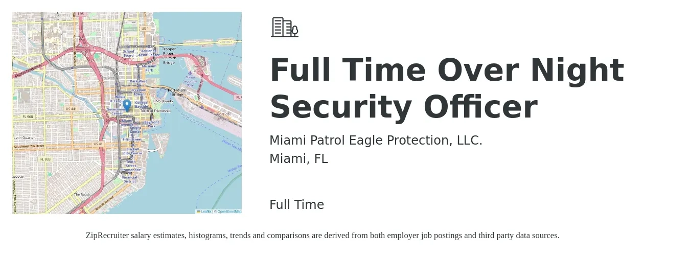 Miami Patrol Eagle Protection, LLC. job posting for a Full Time Over Night Security Officer in Miami, FL with a salary of $15 to $18 Hourly with a map of Miami location.
