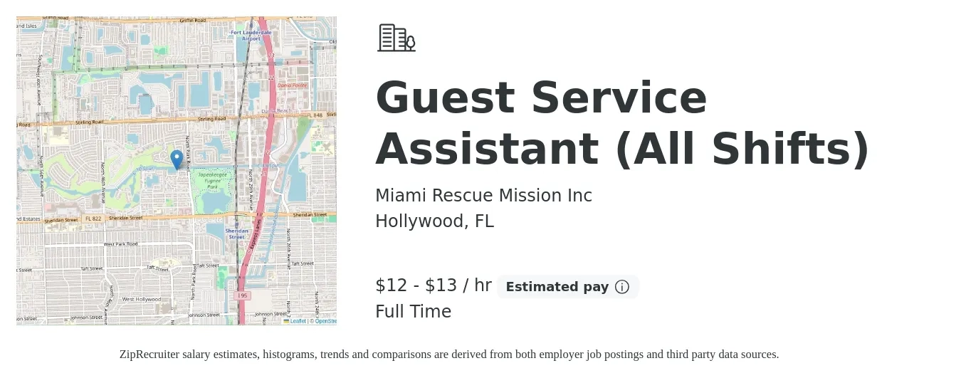 Miami Rescue Mission Inc job posting for a Guest Service Assistant (All Shifts) in Hollywood, FL with a salary of $13 to $14 Hourly with a map of Hollywood location.