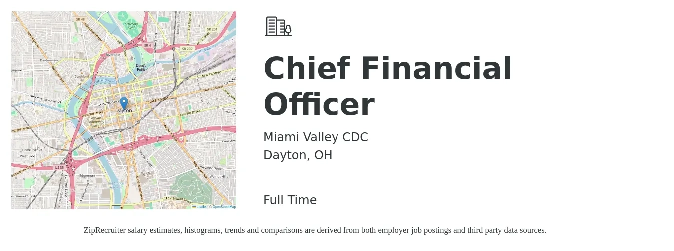 Miami Valley CDC job posting for a Chief Financial Officer in Dayton, OH with a salary of $137,000 to $388,800 Yearly with a map of Dayton location.