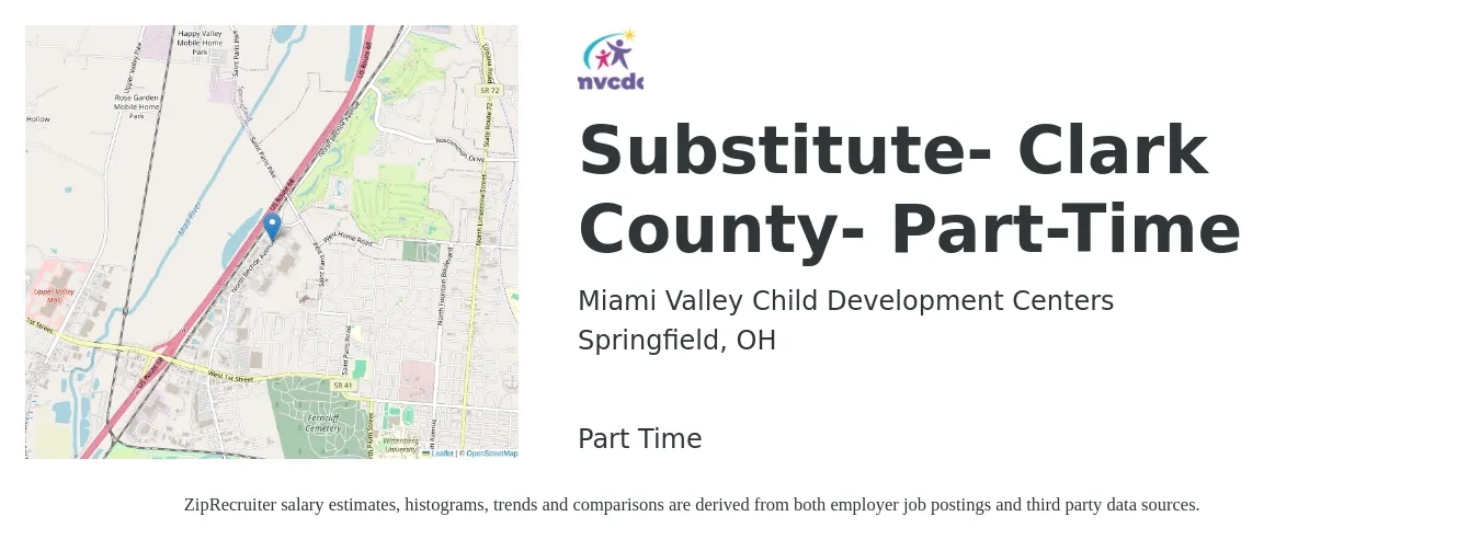 Miami Valley Child Development Centers job posting for a Substitute- Clark County- Part-Time in Springfield, OH with a salary of $113 to $182 Daily with a map of Springfield location.