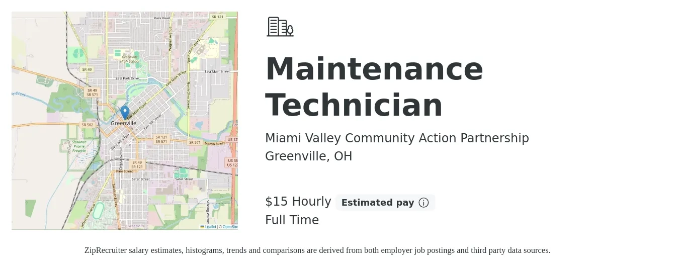 Miami Valley Community Action Partnership job posting for a Maintenance Technician in Greenville, OH with a salary of $16 Hourly with a map of Greenville location.