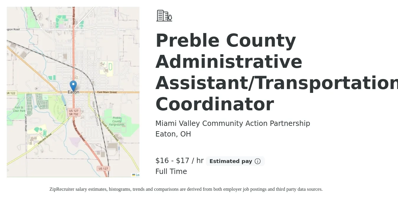Miami Valley Community Action Partnership job posting for a Preble County Administrative Assistant/Transportation Coordinator in Eaton, OH with a salary of $18 to $18 Hourly with a map of Eaton location.