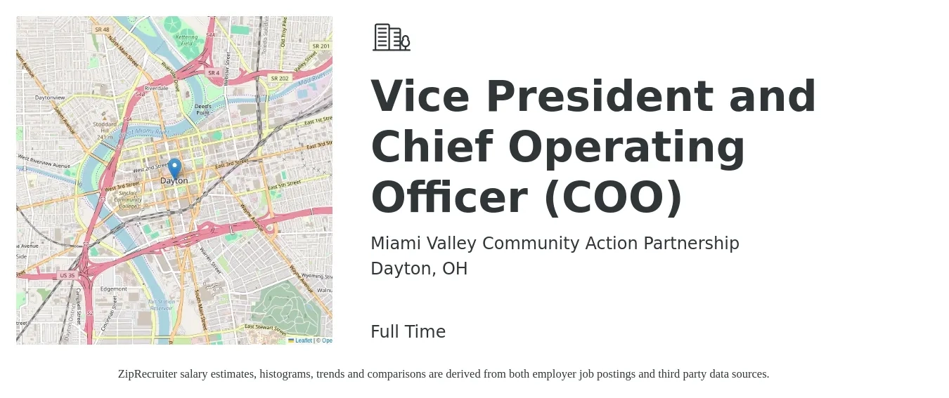 Miami Valley Community Action Partnership job posting for a Vice President and Chief Operating Officer (COO) in Dayton, OH with a salary of $112,300 to $179,800 Yearly with a map of Dayton location.
