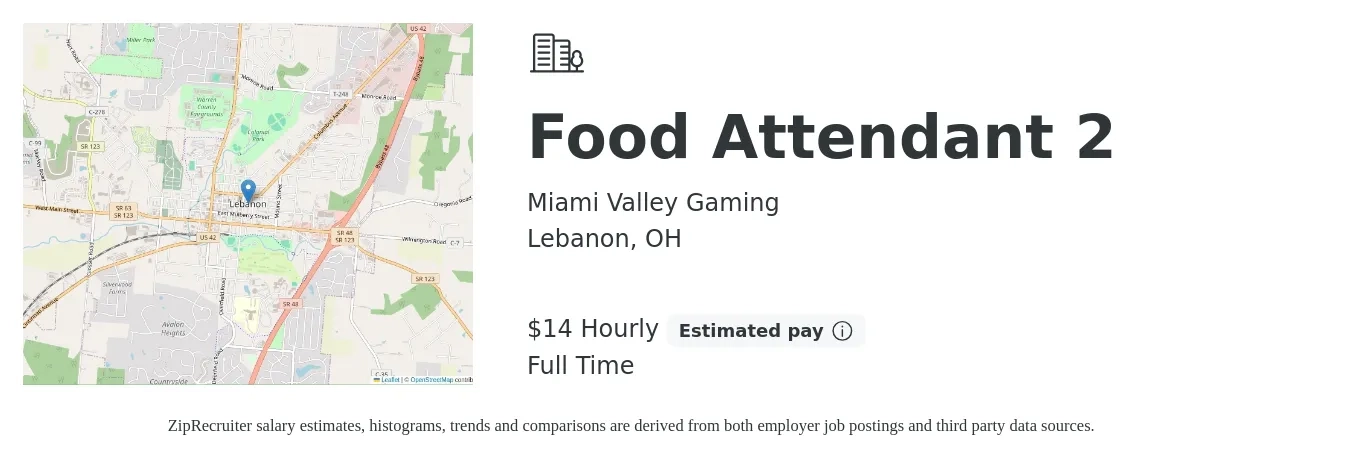 Miami Valley Gaming job posting for a Food Attendant 2 in Lebanon, OH with a salary of $13 to $16 Hourly with a map of Lebanon location.