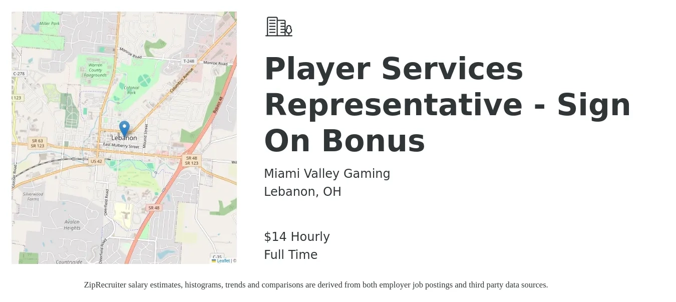 Miami Valley Gaming job posting for a Player Services Representative - Sign On Bonus in Lebanon, OH with a salary of $15 Hourly with a map of Lebanon location.